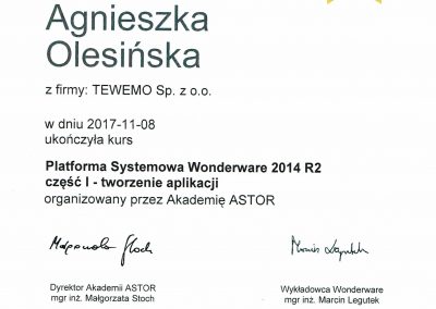 Certyfikat Wonderware Agnieszka Olesińska 2017